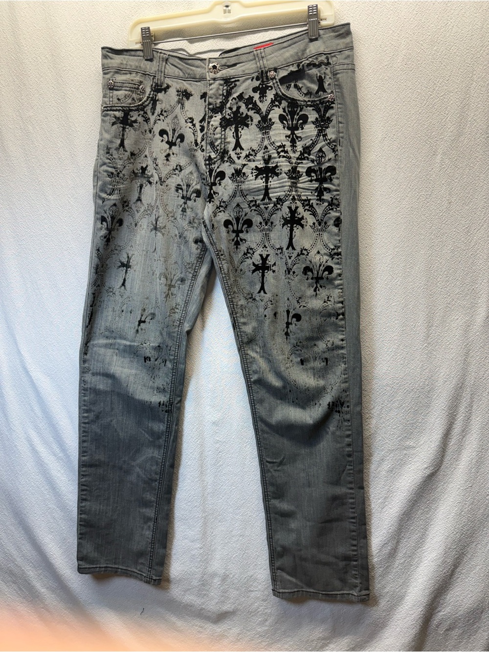 Y2K 1990’s Goth Christina Gray Slim Straight Jeans w/ Black Fleur & Cross Print